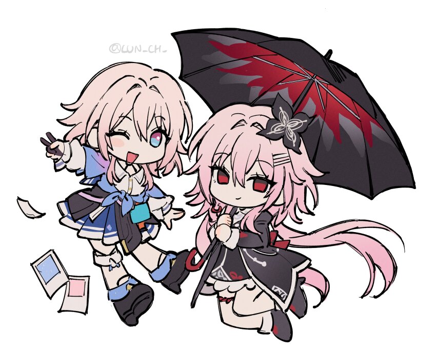 2girls, ;d, absurdres, artist_name, black_coat, black_flower, black_gloves, black_shoes