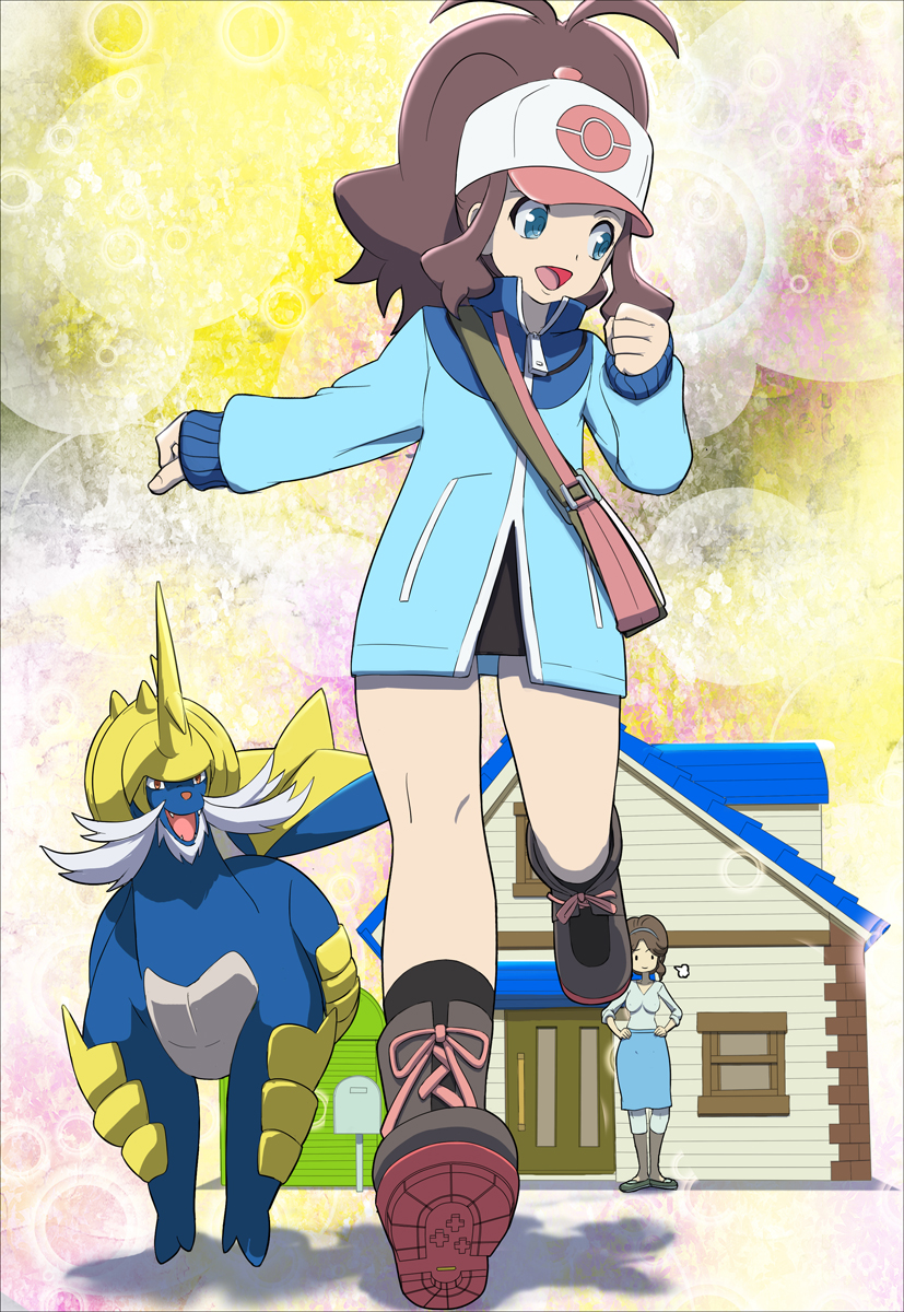 2girls, bag, baseball_cap, blue_eyes, boots, breasts, brown_hair, cosplay, gen_5_pokemon, hat, highres, hilbert_(pokemon), hilbert_(pokemon)_(cosplay), hilda_(pokemon), house, jacket, long_hair, looking_back, makoto_daikichi, mother_(pokemon), multiple_girls, nintendo, open_mouth, pokemon, pokemon_black_and_white, ponytail, running, samurott, smile, unova_mother_(bw)