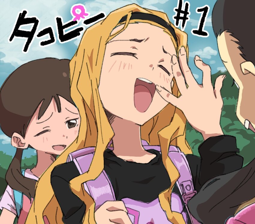 3girls, backpack, bag, bangs_pinned_back, black_hair, black_hairband, blonde_hair, closed_eyes