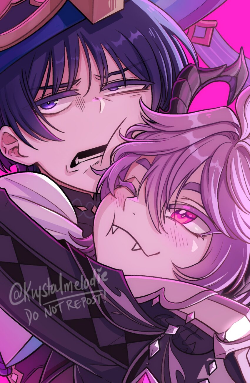 2boys, ahoge, artist_name, averting_eyes, black_bodysuit, black_horns, black_mouth, black_sleeves