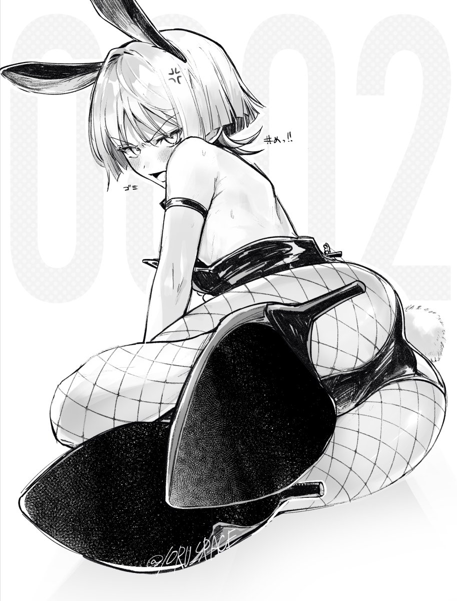1boy, anger_vein, animal_ears, annoyed, armpit_crease, ass, ass_focus, bare_shoulders, blunt_ends, blush, bulge, crossdressing, crossdressing_(mtf), feet, fishnet_pantyhose, fishnets, foot_focus, frown, genshin_impact, greyscale, high_heels, highres, leotard, looking_at_viewer, lying, male_focus, male_playboy_bunny, monochrome, on_side, open_mouth, pantyhose, rabbit, rabbit_boy, rabbit_ears, reito6, scaramouche_(genshin_impact), shoulder_blades, solo, strapless, strapless_leotard, tsurime, twitter_username, wispy_bangs