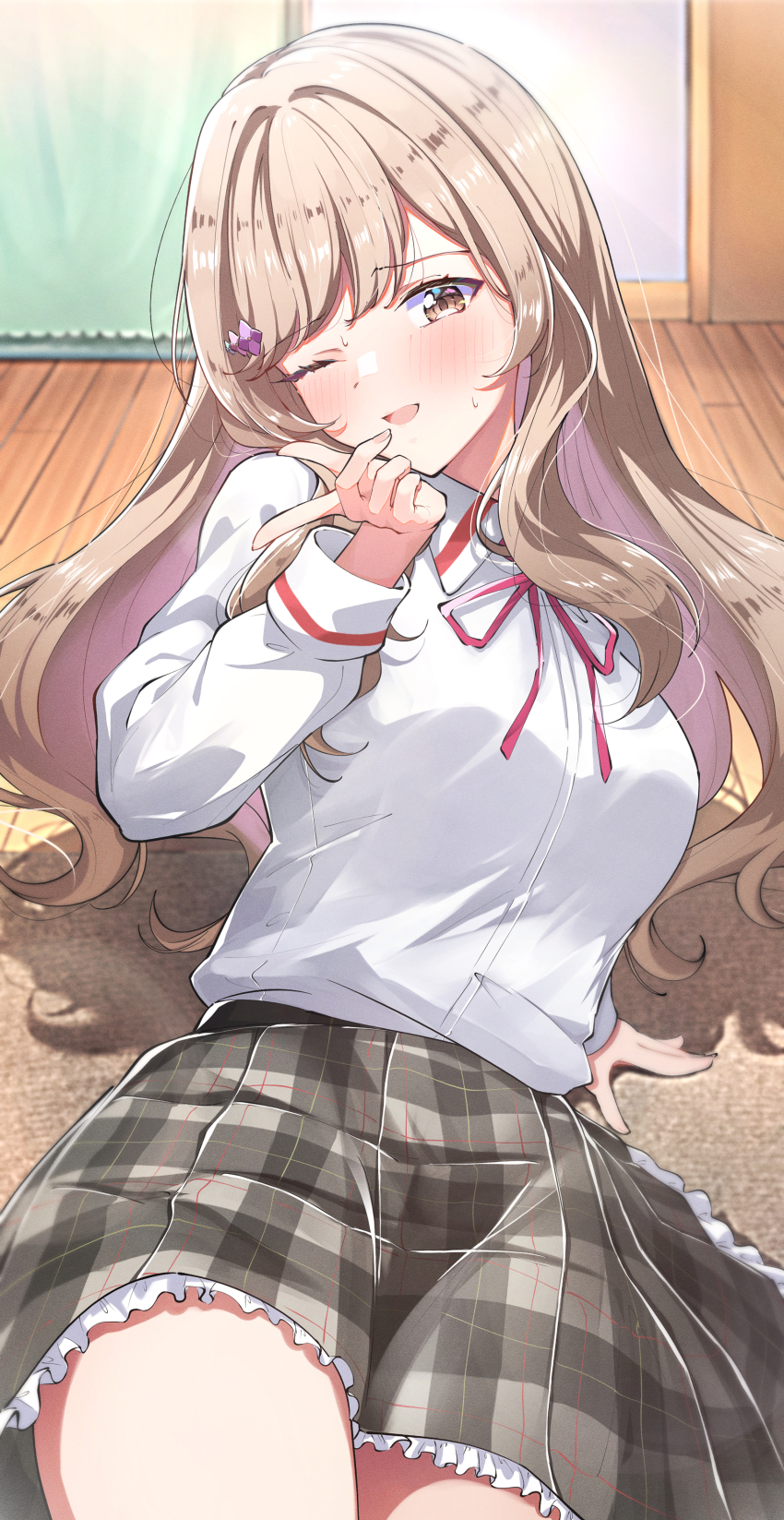 1girl, absurdres, breasts, brown_eyes, brown_hair, collared_shirt, commentary_request, dress_shirt, grey_skirt, hair_ribbon, highres, indoors, long_hair, long_sleeves, medium_breasts, on_ground, one_eye_closed, open_mouth, plaid_clothes, plaid_skirt, red_ribbon, ribbon, rio_beginner, school_uniform, sena_ajisai, shirt, sitting, skirt, solo, v, watashi_ga_koibito_ni_nareru_wake_naijan_murimuri!, white_shirt