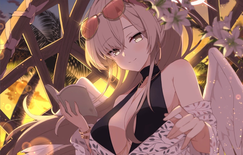 1girl, angel_wings, black_one-piece_swimsuit, blue_archive, feathered_wings, halo, highres, holy-san_(makuu)