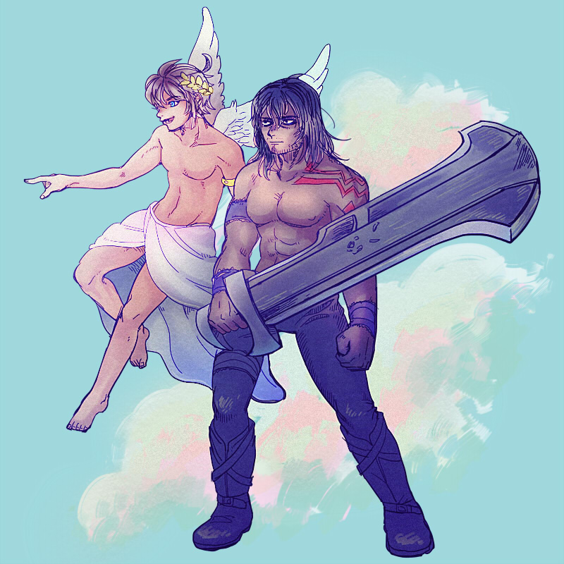 2boys, ahoge, angel_wings, black_hair, blue_background, bone_(stare), brown_hair, collarbone, full_body, holding, holding_sword, holding_weapon, kid_icarus, kid_icarus_uprising, laurel_crown, magnus_(kid_icarus), magnus_club_(kid_icarus), male_focus, multiple_boys, nintendo, pit_(kid_icarus), sword, toned, toned_male, topless_male, weapon, wings