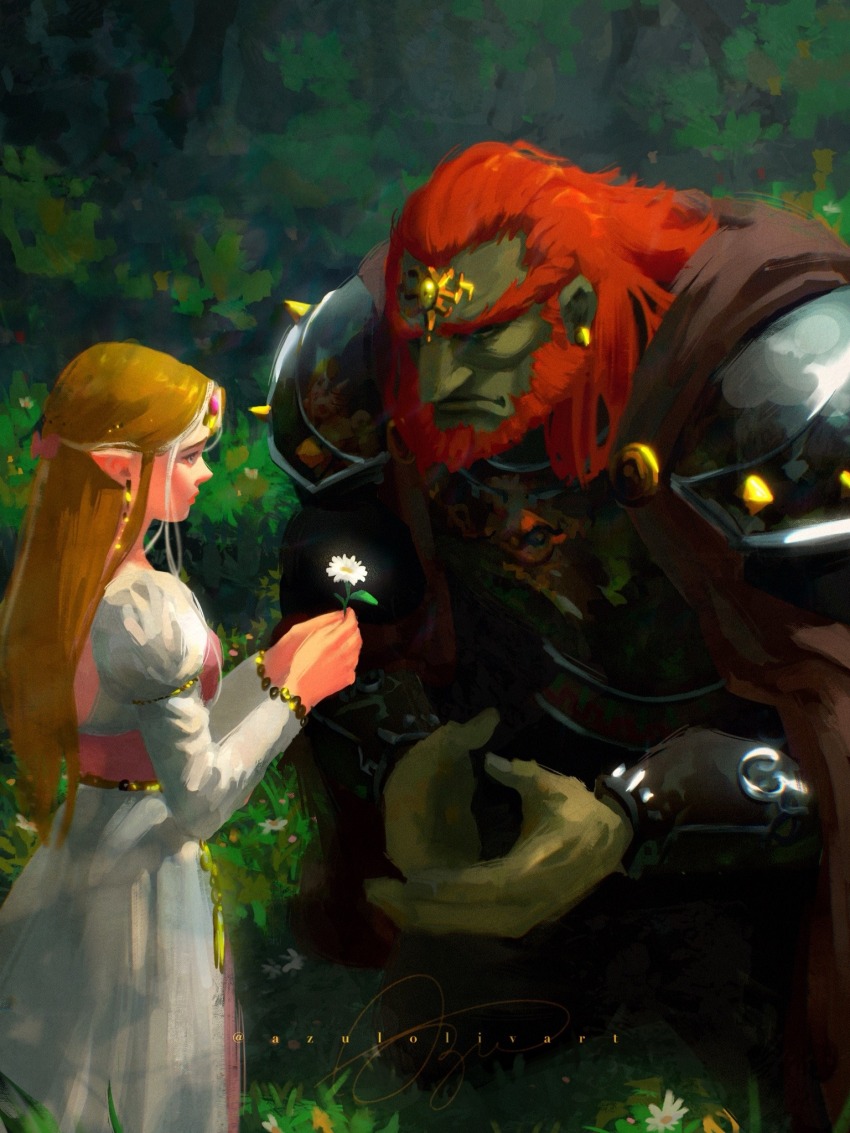 1boy, 1girl, armor, artist_name, azulolivart, beard, black_armor, brown_hair, closed_mouth, colored_skin, commentary_request, daisy_(flower), dress, earrings, facial_hair, flower, forehead_jewel, ganondorf, gerudo, grass, green_skin, highres, holding, holding_flower, jewelry, long_hair, long_sideburns, long_sleeves, nintendo, outdoors, pointy_ears, princess_zelda, red_hair, sideburns, signature, spanish_commentary, spikes, the_legend_of_zelda, white_dress, white_flower