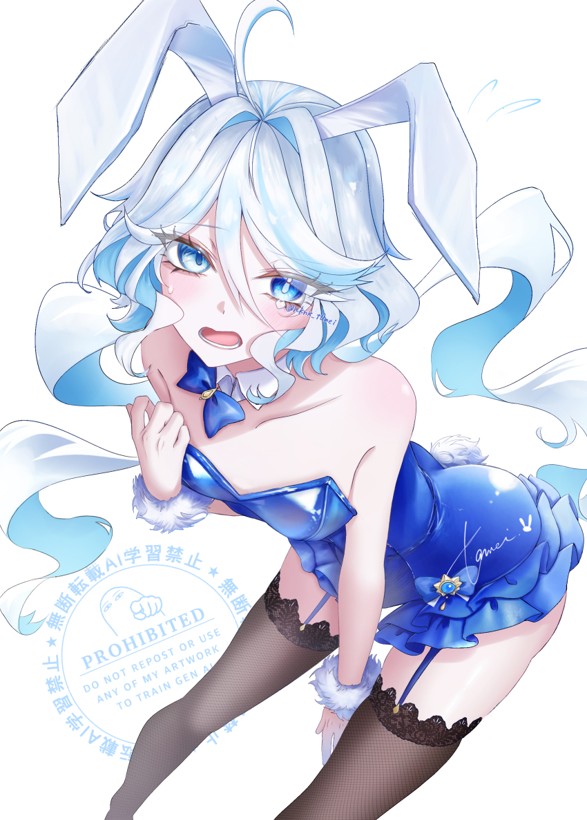 1girl, absurdres, animal_ears, bare_shoulders, black_thighhighs, blue_bow, blue_bowtie, blue_eyes