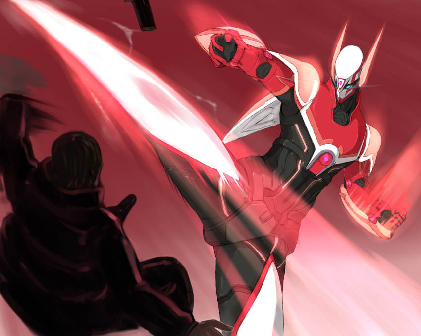 10s, 1boy, armor, barnaby_brooks_jr., glowing, glowing_eyes, kicking, light_trail