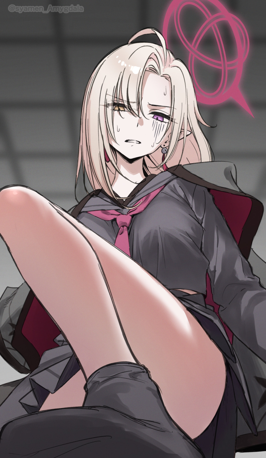 1girl, ayame_(blue_archive), black_shirt, black_skirt, black_socks, blonde_hair, blue_archive, disgust