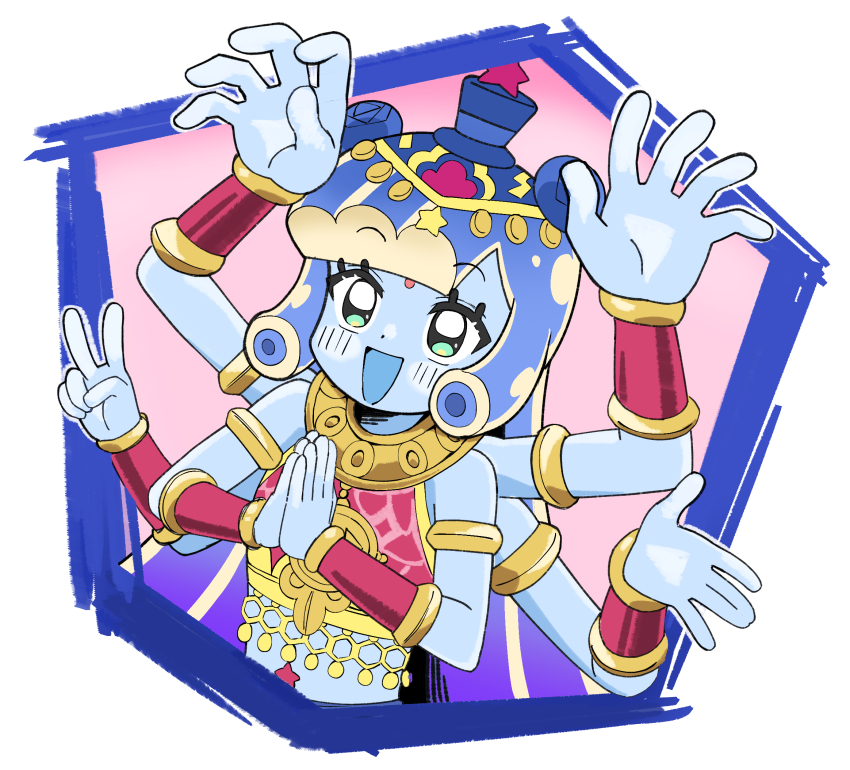 1girl, :d, arm_guards, bindi, blue_hair, blue_hat, blue_skin, blush