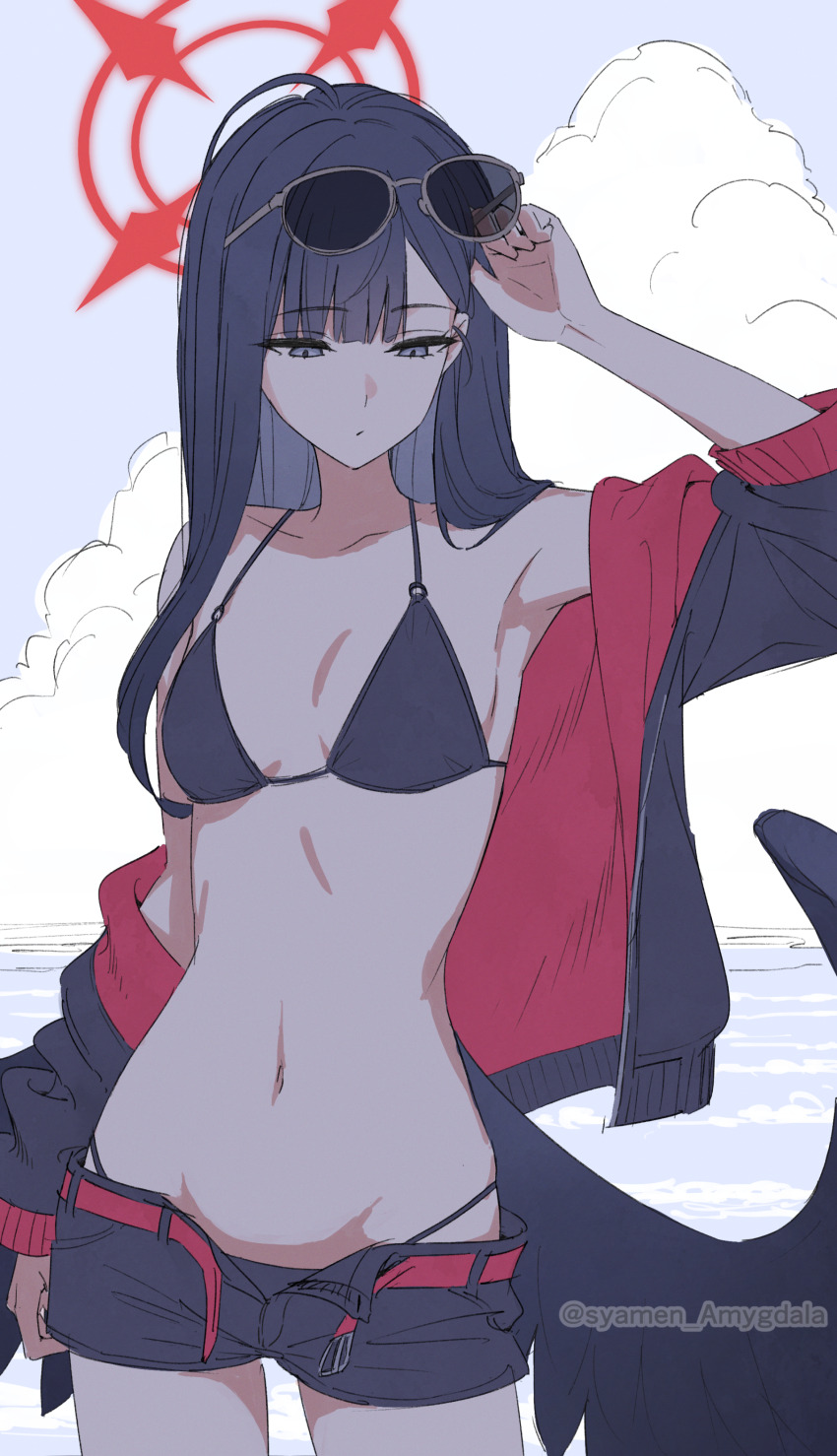 1girl, absurdres, bikini, black_bikini, black_hair, black_jacket, black_shorts, black_wings