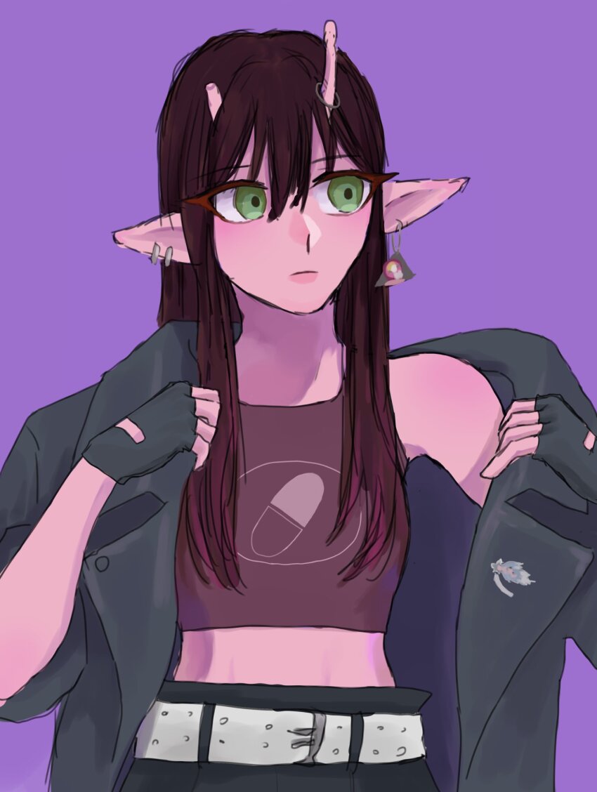 1girl, alien, antenna_piercing, antennae, broken_antenna, brown_hair, coat, collarbone