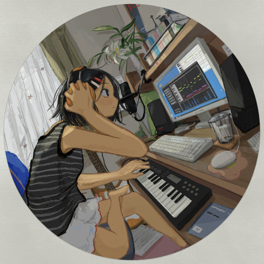 1girl, absurdres, amamoto_air, barefoot, black_eyes, black_hair, book, border