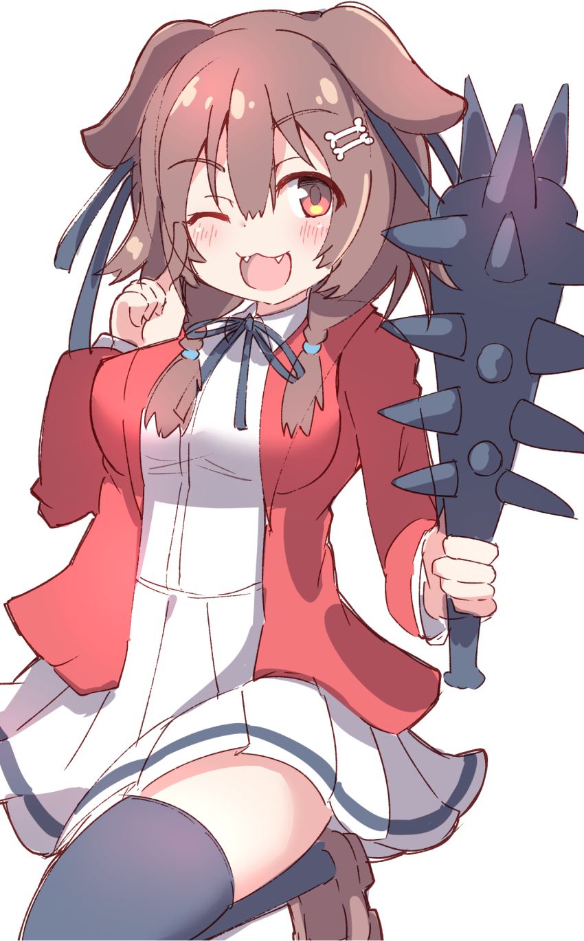 1girl, ;d, animal_ears, black_ribbon, black_thighhighs, blazer, blush, bokusatsu_tenshi_dokuro-chan