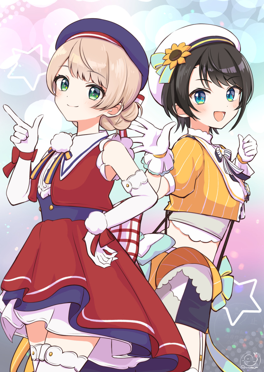 2girls, :d, back_bow, beret, black_shorts, blonde_hair, blue_eyes, blue_hat, blunt_bangs, blurry, blush, bodice, bokeh, bow, bowtie, brown_hair, clenched_hand, closed_mouth, commentary_request, corset, cowboy_shot, cropped_jacket, cropped_vest, depth_of_field, elbow_gloves, finger_gun, flower, frilled_gloves, frilled_shirt, frills, from_side, garter_straps, gloves, gradient_background, green_eyes, grey_corset, hachikuma_(waddle-d), hair_flower, hair_ornament, hand_on_own_hip, hat, high-low_skirt, highres, hololive, idol, idol_clothes, indie_virtual_youtuber, jacket, large_bow, layered_skirt, looking_at_viewer, miniskirt, multiple_girls, official_alternate_costume, oozora_subaru, oozora_subaru_(starlight), open_mouth, orange_jacket, orange_skirt, outstretched_hand, overskirt, pinstripe_jacket, pinstripe_pattern, plaid_bow, pom_pom_(clothes), red_skirt, red_vest, sailor_collar, sailor_shirt, shigure_ui_(vtuber), shigure_ui_(masterpiece)_(vtuber), shirt, short-sleeved_jacket, short_hair, short_sleeves, shorts, skirt, sleeveless, sleeveless_shirt, smile, star_(symbol), star_symbol_background, striped_bow, striped_bowtie, striped_clothes, striped_skirt, sunflower, sunflower_hair_ornament, suspenders, swept_bangs, thighhighs, tilted_headwear, underbust, vertical-striped_clothes, vertical-striped_skirt, vest, virtual_youtuber, waist_bow, waving, white_bow, white_bowtie, white_garter_straps, white_gloves, white_hat, white_sailor_collar, white_shirt, white_thighhighs, wrist_bow