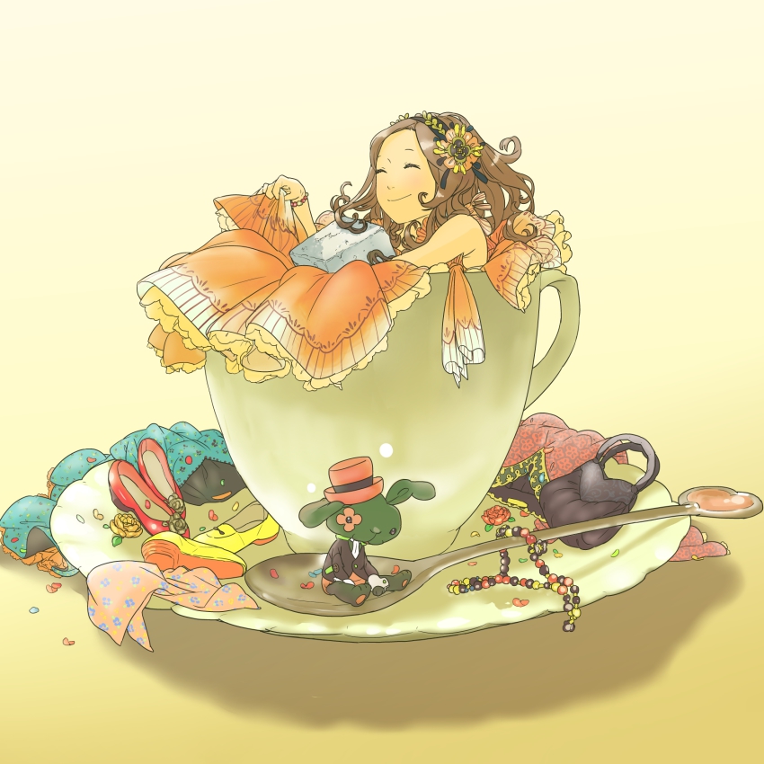 1girl, bad_id, bad_pixiv_id, bag, bracelet, brown_hair, closed_eyes, cup