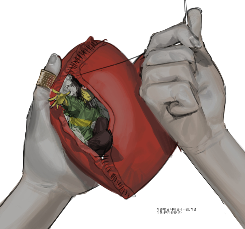 2others, black_pants, colored_skin, deltarune, gompang2_2, green_shirt, highres, holding_sewing_needle, korean_text, kris_(deltarune), mini_person, multiple_others, needle, pants, sewing, sewing_needle, shirt, single_horizontal_stripe, soul_(deltarune), string, striped_clothes, striped_shirt, stuffed_toy, stuffing, thimble, translation_request, utdr_(toby_fox), yellow_skin