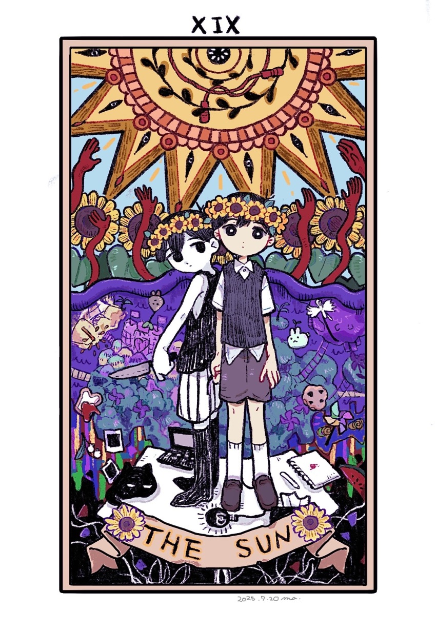 2boys, black_eyes, black_hair, black_socks, black_sweater, black_tank_top, bright_pupils, brown_shoes, brown_shorts, card, cat, closed_mouth, collared_shirt, colored_skin, computer, dual_persona, epipoxyp, expressionless, flower, food, fruit, head_wreath, highres, holding, holding_knife, jump_rope, kneehighs, knife, ladder, laptop, light_bulb, looking_at_viewer, multiple_boys, omori, omori_(omori), pinwheel, shirt, shoes, shorts, sketchbook, socks, something_(omori), sprout_bunny_(omori), sprout_mole, standing, striped_clothes, striped_shorts, sunflower, sunny_(omori), sweater, tank_top, tarot, tarot_card, the_sun_(tarot), tissue, tissue_box, vertical-striped_clothes, vertical-striped_shorts, watermelon, watermelon_slice, white_pupils, white_shirt, white_shorts, white_skin, white_socks
