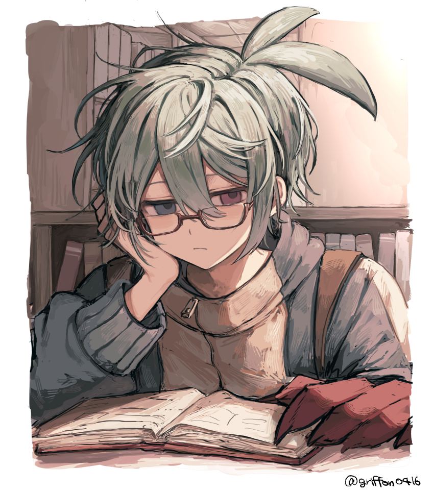 1boy, absurdres, bespectacled, blue_eyes, blue_hair, book, bookshelf, closed_mouth
