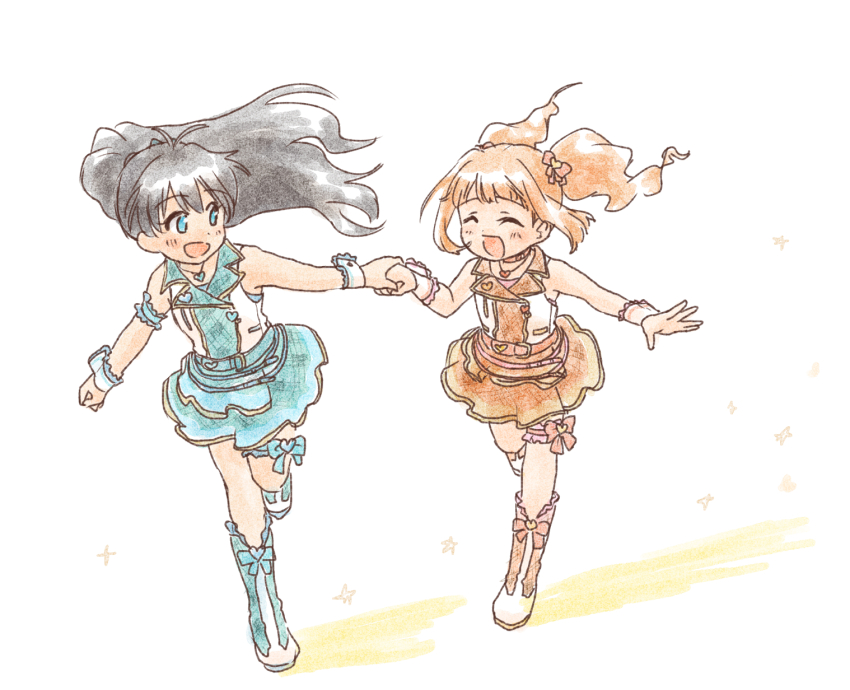 2girls, armband, black_hair, blue_skirt, check_my_note_(idolmaster), closed_eyes, frilled_armband, frills