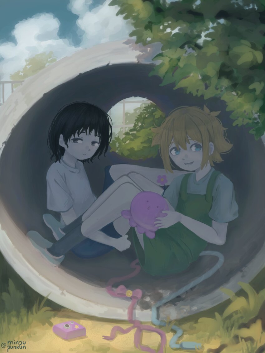 1boy, 1girl, absurdres, alternate_costume, antenna_hair, basil_(faraway)_(omori), basil_(omori), black_eyes