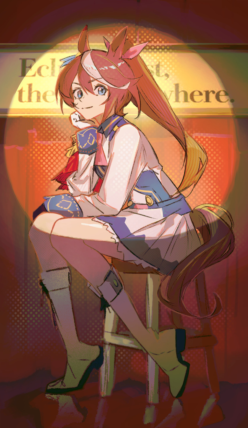 1girl, absurdres, animal_ears, blue_eyes, boots, brown_hair, commentary, curtains
