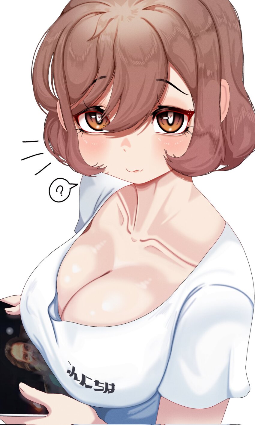 ?, a_minecraft_movie, blush, breasts, bright_pupils, brown_eyes, brown_hair, cleavage