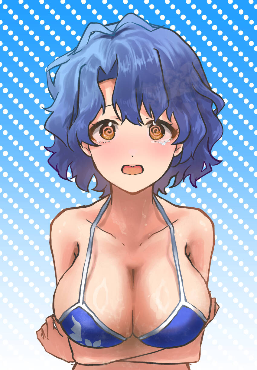 1girl, @_@, absurdres, arms_under_breasts, bikini, blue_background, blue_bikini, blue_hair, blush, breasts, brown_eyes, collarbone, commentary, dotted_background, gradient_background, highres, idolmaster, idolmaster_million_live!, large_breasts, nonano73, open_mouth, short_hair, solo, straight-on, swimsuit, untranslatable_commentary, toyokawa_fuka, upper_body, wavy_hair