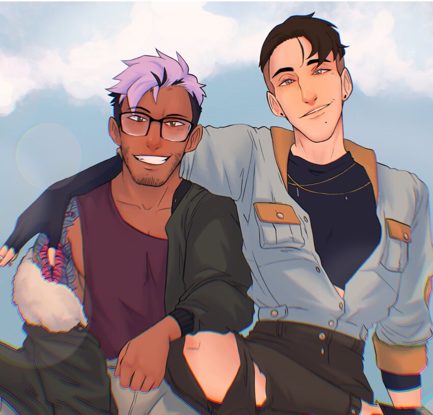 2boys, arm_tattoo, dark-skinned_male, dark_skin, drawfee, earrings, facial_hair, glasses, grin, highres, hot_guy_p.i., jewelry, karina_farek, male_focus, mole, mole_under_mouth, multiple_boys, pink_hair, romeo_fernando_sy, schmidt_(hot_guy_p.i.), shirt, short_hair, sitting, smile, tattoo, undercut, very_dark_skin, very_short_hair