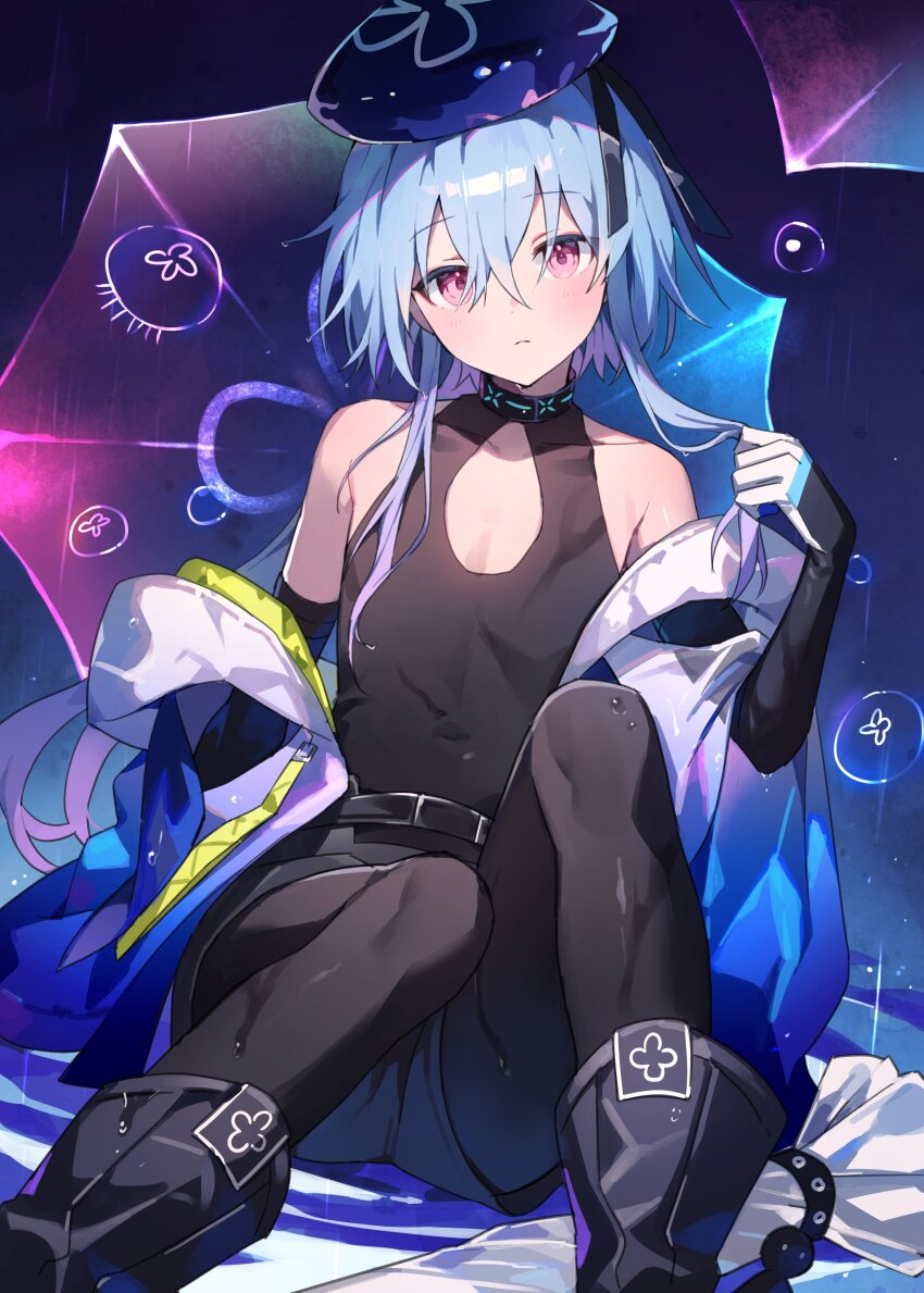 1boy, absurdres, arknights, azit_(down), beret, black_background, black_boots, black_gloves, black_pantyhose, black_shirt, black_shorts, blue_cloak, blue_hair, blue_hat, boots, bubble, cleavage_cutout, cloak, closed_umbrella, clothing_cutout, elbow_gloves, feet_out_of_frame, gloves, gradient_cloak, gradient_hair, hat, highres, holding, holding_own_hair, jellyfish, long_sidelocks, looking_at_viewer, male_focus, mizuki_(arknights), multicolored_hair, on_floor, pantyhose, pantyhose_under_shorts, pink_eyes, pink_hair, shirt, short_hair_with_long_locks, shorts, sidelocks, sleeveless, sleeveless_shirt, solo, transparent, transparent_umbrella, two-tone_gloves, umbrella, white_cloak, white_gloves