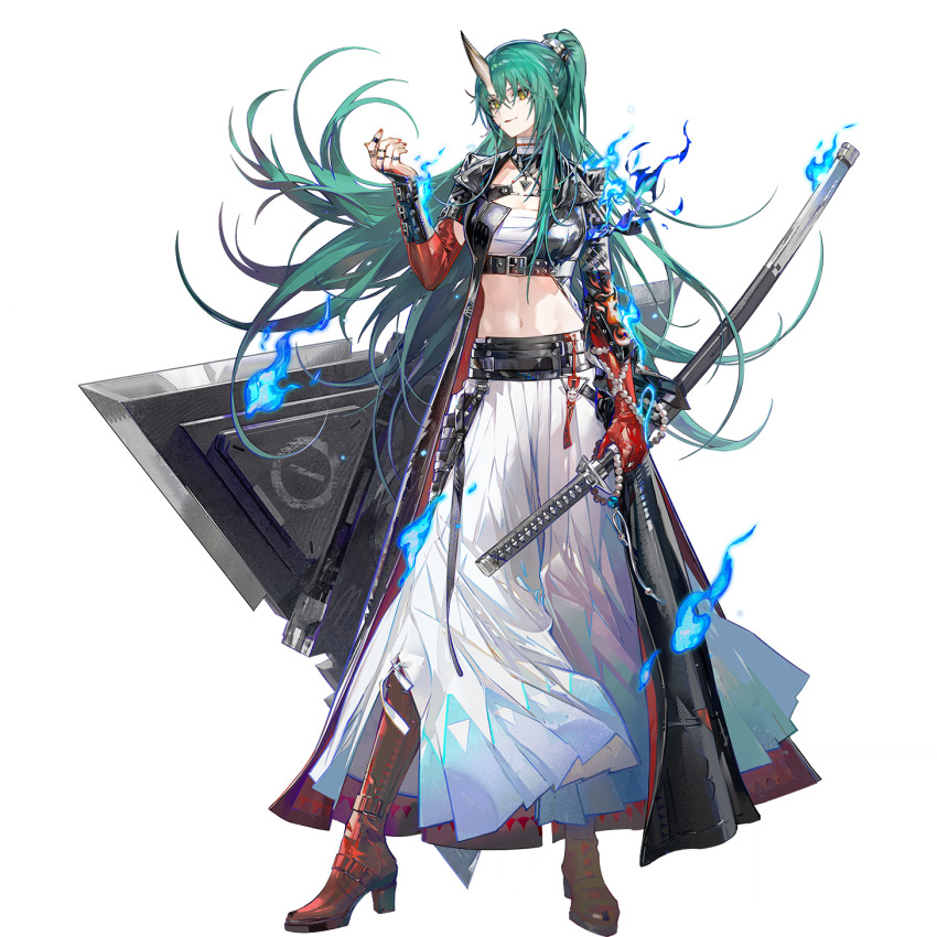 1girl, arknights, bandaged_chest, black_coat, blue_fire, boots, coat, eyeliner