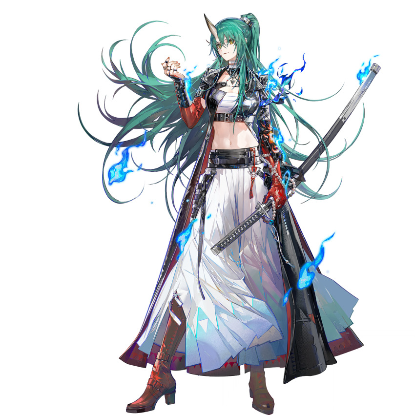 1girl, arknights, bandaged_chest, black_coat, blue_fire, boots, coat, eyeliner