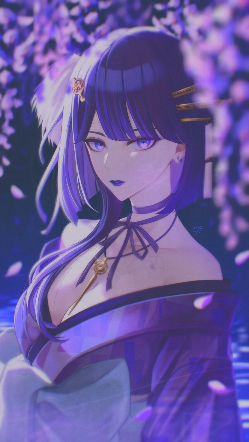 1girl, absurdres, asagao_(tribe_nine), bare_shoulders, breasts, choker, flower, hair_ornament