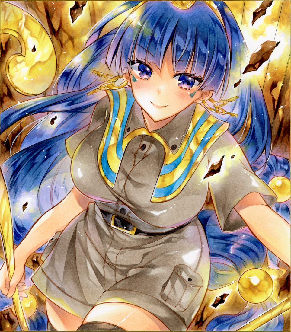 1girl, belt, blue_capelet, blue_eyes, blue_hair, blunt_bangs, brown_shirt, brown_shorts