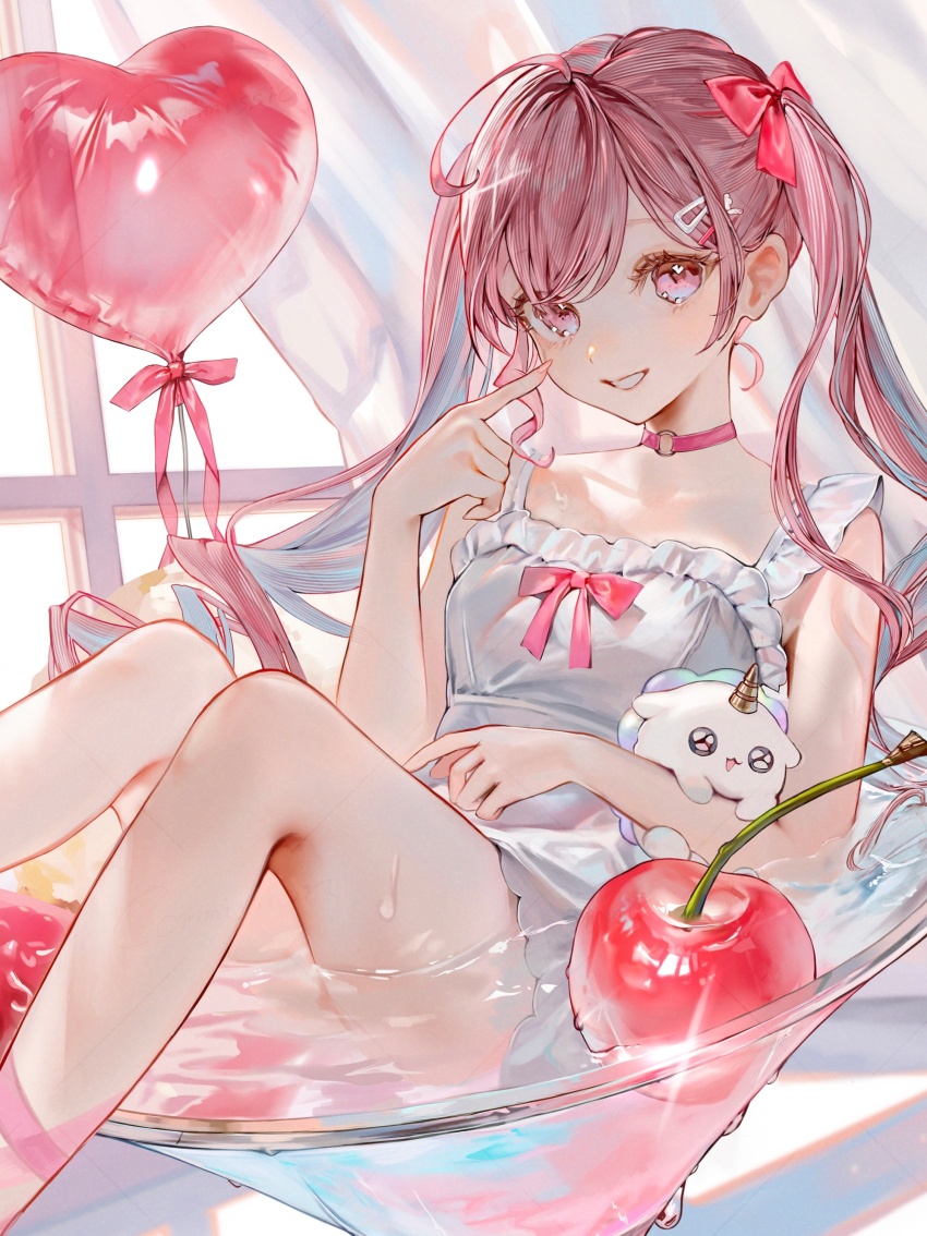 absurdres, ahoge, balloon, blue_eyes, blue_hair, bow, breasts, cherry