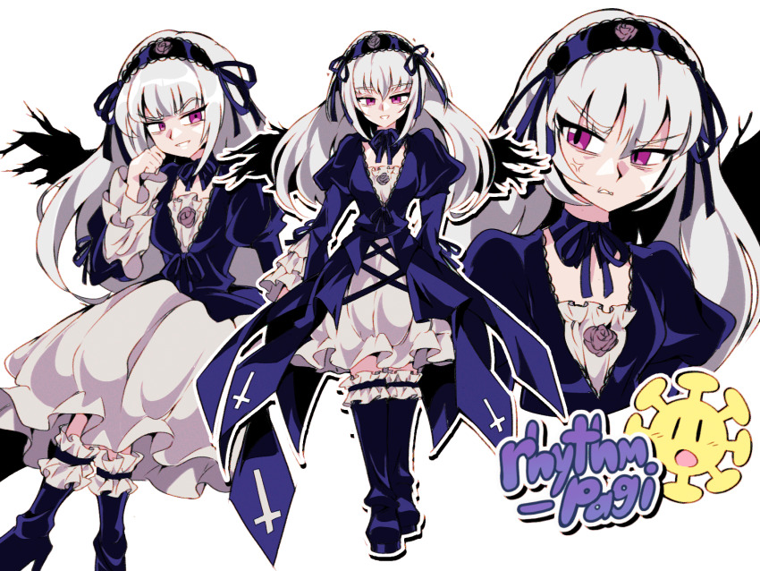 1girl, anger_vein, angry, artist_name, black_wings, blue_boots, blue_choker, blue_hairband