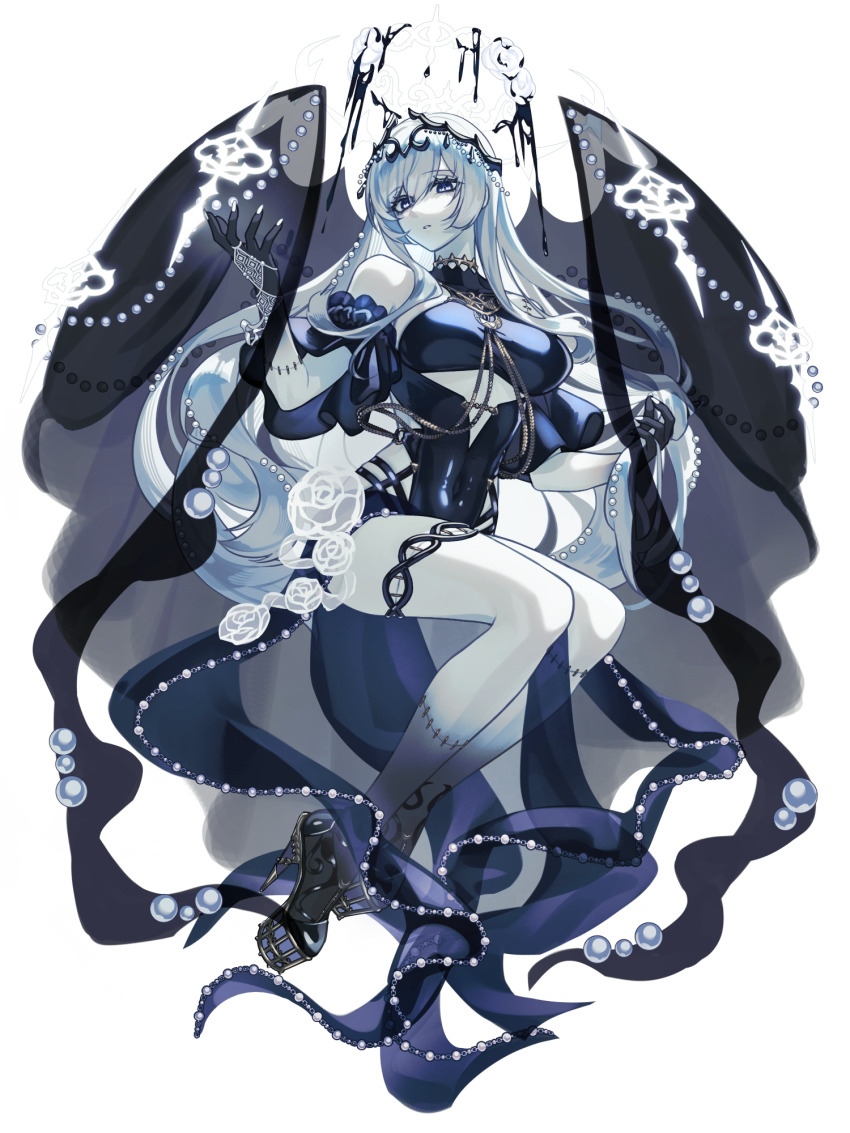 1girl, black_gloves, breasts, circlet, covered_navel, dairoku_ryouhei, full_body, gloves