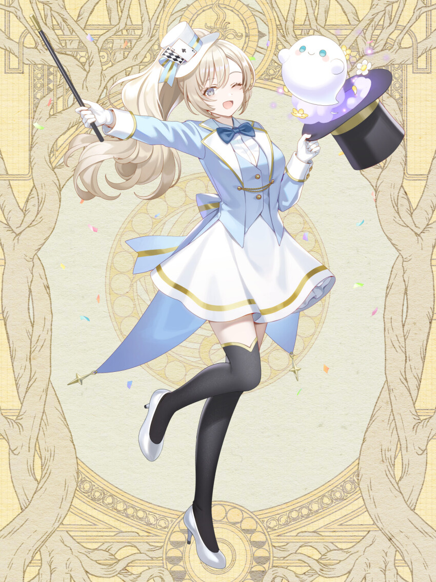 1girl, ;d, black_hat, black_thighhighs, blonde_hair, blue_bow, blue_bowtie, bow