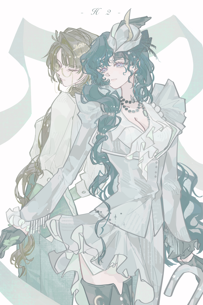 2girls, absurdres, back-to-back, black_boots, black_gloves, boots, breasts, brown_hair, cane, cleavage, closed_eyes, closed_mouth, cowboy_shot, eyewear_strap, glasses, gloves, green_gloves, green_skirt, grey_hat, grey_jacket, grey_skirt, h2_(xinjinjumin979826624648), hat, highres, holding, holding_cane, holding_hands, isolde_(and_all_that_jazz)_(reverse:1999), isolde_(reverse:1999), jacket, kakania_(reverse:1999), long_hair, looking_to_the_side, low_ponytail, multiple_girls, official_alternate_costume, pale_color, ponytail, profile, purple_eyes, reverse:1999, semi-rimless_eyewear, shirt, skirt, thigh_boots, turning_head, under-rim_eyewear, very_long_hair, white_background, white_hair, white_shirt