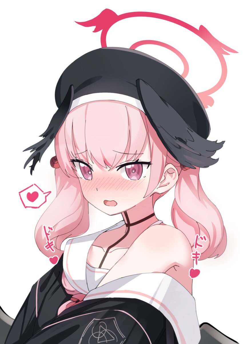 1girl, bare_shoulders, beret, black_hat, black_shirt, black_wings, blue_archive, blush, collarbone, commentary_request, emblem, feathered_wings, fujifuji0330, furrowed_brow, halo, hat, head_wings, heart, highres, koharu_(blue_archive), loli, long_hair, long_sleeves, mini_wings, nose_blush, off_shoulder, open_mouth, pink_eyes, pink_hair, raised_inner_eyebrows, red_halo, sailor_collar, school_uniform, shirt, simple_background, solo, speech_bubble, spoken_heart, trinity_general_school_logo, twintails, upper_body, white_background, white_sailor_collar, winged_halo, wings