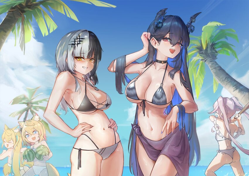 5girls, ass, asymmetrical_horns, beach, bikini, black_hair, blue_hair, blue_sky, breasts, colored_inner_hair, commentary, dahaidan, day, demon_horns, english_commentary, fuwawa_abyssgard, hair_ornament, holoadvent, hololive, hololive_english, horns, koseki_bijou, large_breasts, long_hair, mococo_abyssgard, mole, mole_under_eye, multicolored_hair, multiple_girls, navel, nerissa_ravencroft, ocean, outdoors, palm_tree, red_eyes, shiori_novella, sky, swimsuit, tree, two-tone_hair, uneven_horns, very_long_hair, virtual_youtuber, water