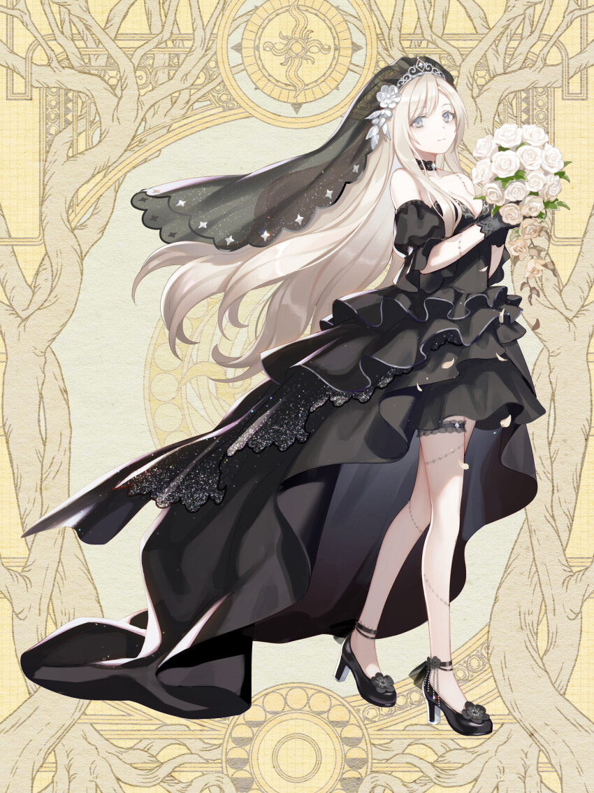 1girl, bare_shoulders, bouquet, breasts, cleavage, dairoku_ryouhei, flower, full_body