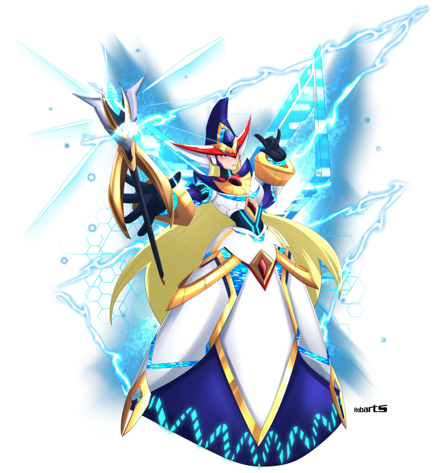 \n/, absurdres, android, armor, armored_dress, aura, berkana_(mega_man), black_bodysuit, black_gloves, blonde_hair, blue_eyes, bodysuit, bracelet, breastplate, breasts, capcom, cast, casting_spell, chest_jewel, circuit_board, digital_dissolve, dress, electricity, electrokinesis, floating_staff, gloves, glowing, hat, headphones, highres, holding, holding_staff, jeweled_hat, jewelry, joints, large_breasts, lightning, lipstick, long_dress, long_hair, makeup, mechanical_wings, mega_man_(series), mega_man_x_(series), mega_man_x_dive, mega_man_xtreme_2, pink_lips, plate_armor, rob_(robarts), robot, robot_girl, robot_joints, serious, shoulder_armor, shoulder_spikes, simple_background, sparks, spikes, staff, turtleneck, white_background, white_dress, wide_hips, wings, witch, witch_hat, wristband