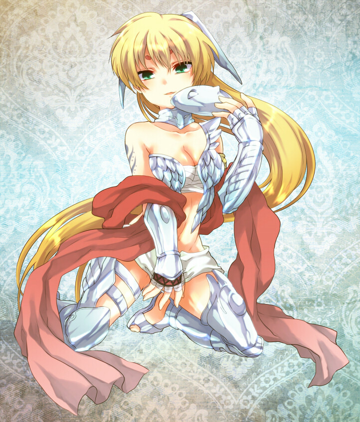 1girl, amazon_warrior, armor, blonde_hair, breasts, cleavage, crane_yuzuriha, facial_mark