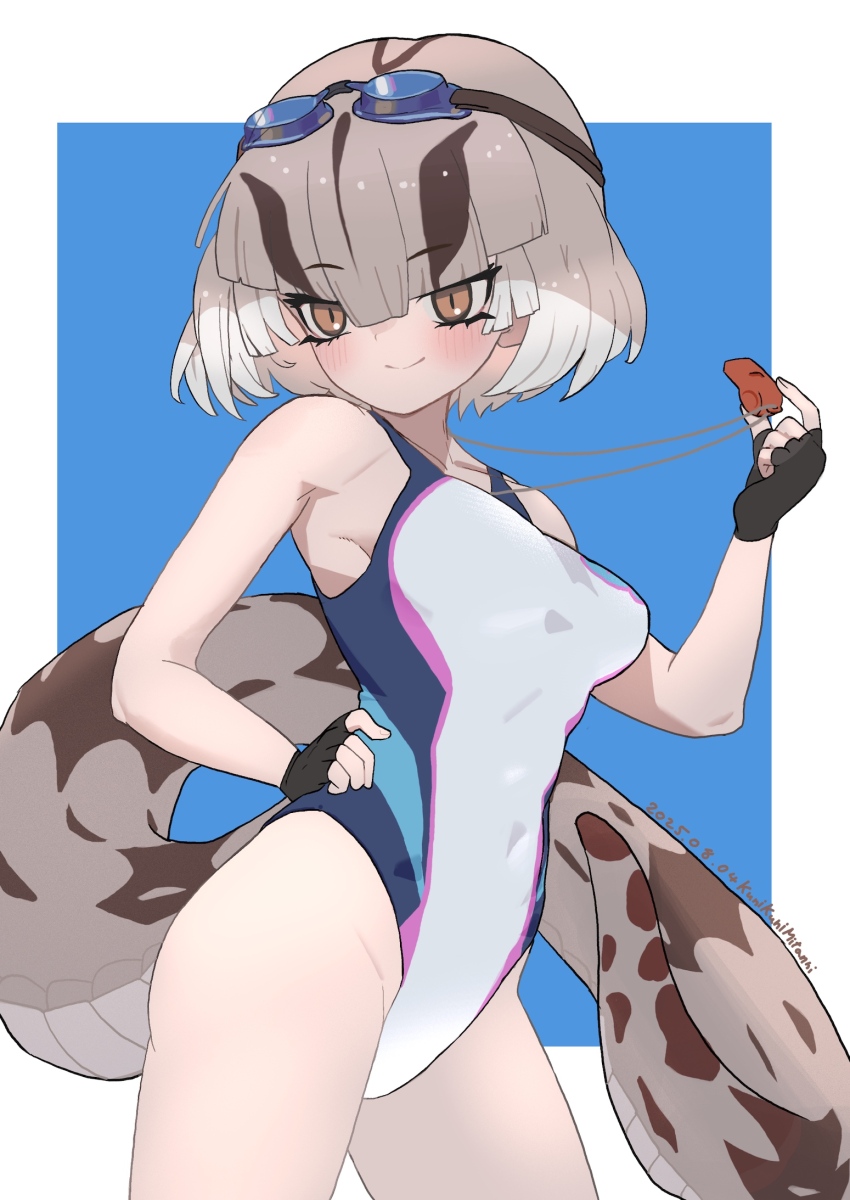 1girl, alternate_costume, bare_legs, bare_shoulders, black_gloves, blue_one-piece_swimsuit, blush, boa_constrictor_(kemono_friends), brown_hair, cowboy_shot, fingerless_gloves, gloves, goggles, goggles_on_head, grey_hair, hair_between_eyes, highres, kemono_friends, kemono_friends_3, kunikuni_(kunihiro2005), multicolored_hair, one-piece_swimsuit, orange_eyes, pink_one-piece_swimsuit, short_hair, sidelocks, sleeveless, slit_pupils, smile, snake_girl, snake_print, snake_tail, solo, swimsuit, tail, two-tone_one-piece_swimsuit, whistle, whistle_around_neck, white_hair, white_one-piece_swimsuit