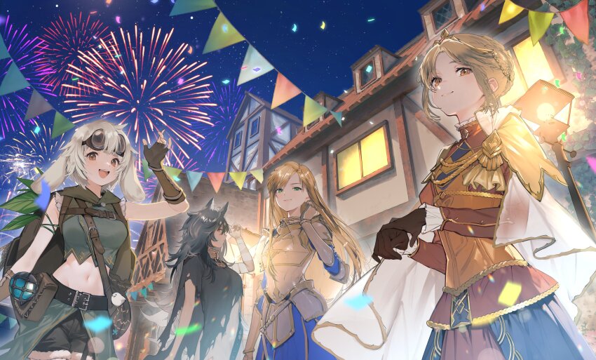 4girls, absurdres, aiguillette, animal_ears, armor, bandaged_arm, bandages, belt