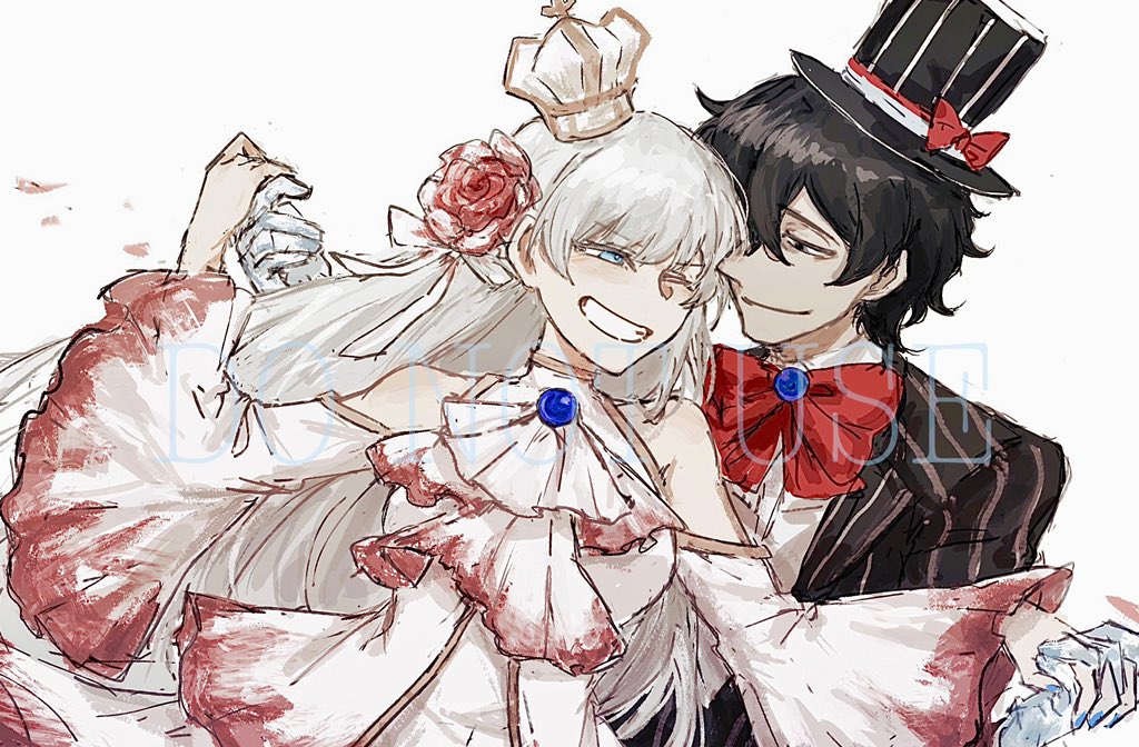 1boy, 1girl, angelica_(project_moon), ascot, bare_shoulders, black_coat, black_eyes, black_hair