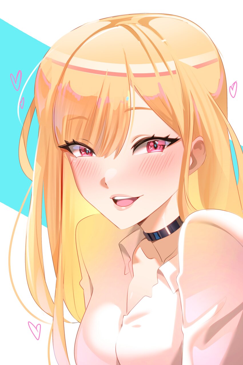 1girl, absurdres, black_choker, blonde_hair, blush, choker, commentary, commentary_request