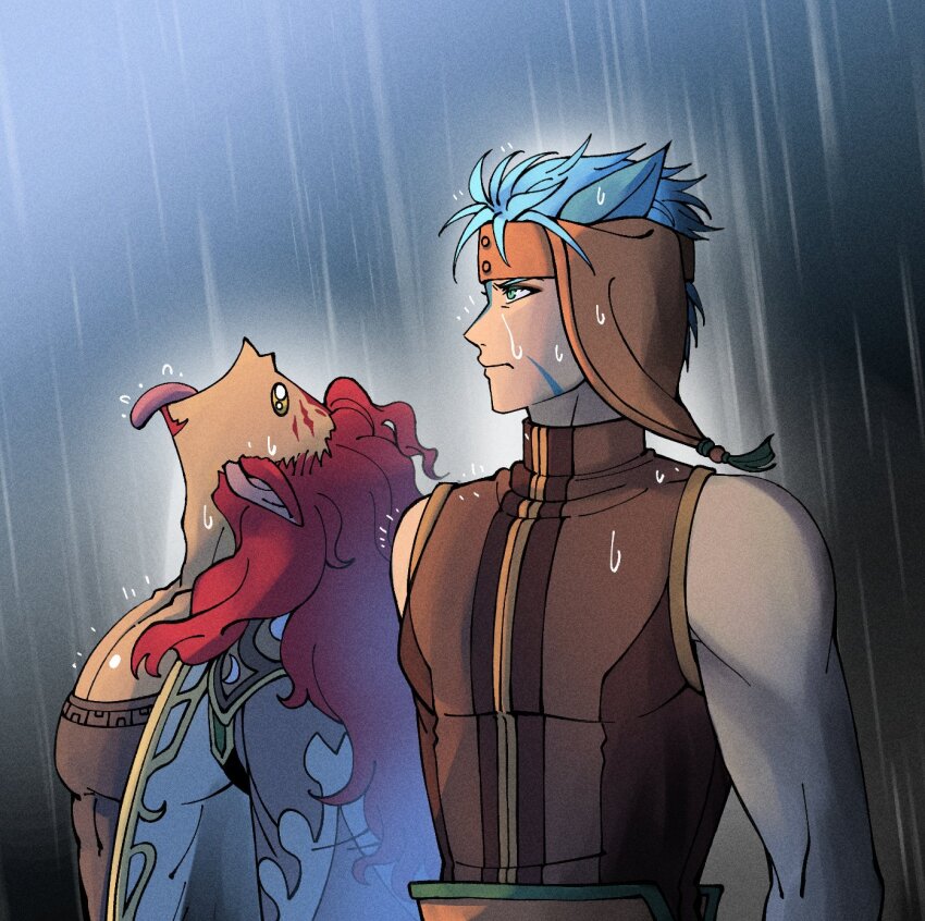 2boys, animal_ears, cat_boy, cat_ears, facial_hair, fire_emblem, fire_emblem:_radiant_dawn, goatee, goku_and_vegeta_in_the_rain_(meme), green_eyes, headdress, highres, long_hair, male_focus, meme, multiple_boys, nintendo, pectoral_cleavage, pectorals, rain, ranulf_(fire_emblem), red_hair, short_hair, skrimir_(fire_emblem), tellius_forever, tongue, tongue_out, yellow_eyes