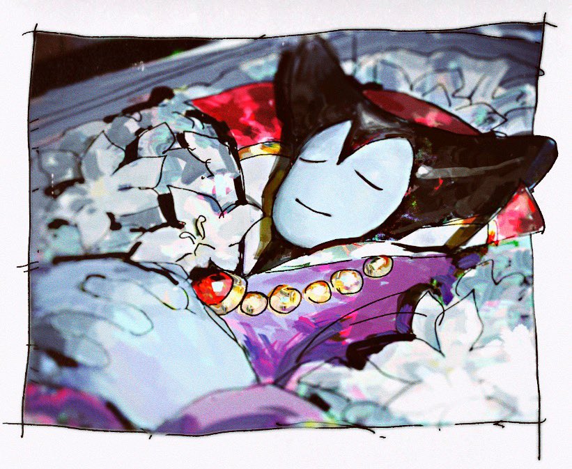 1boy, black_horns, blue_skin, blurry, closed_eyes, colored_skin, commentary_request, depth_of_field