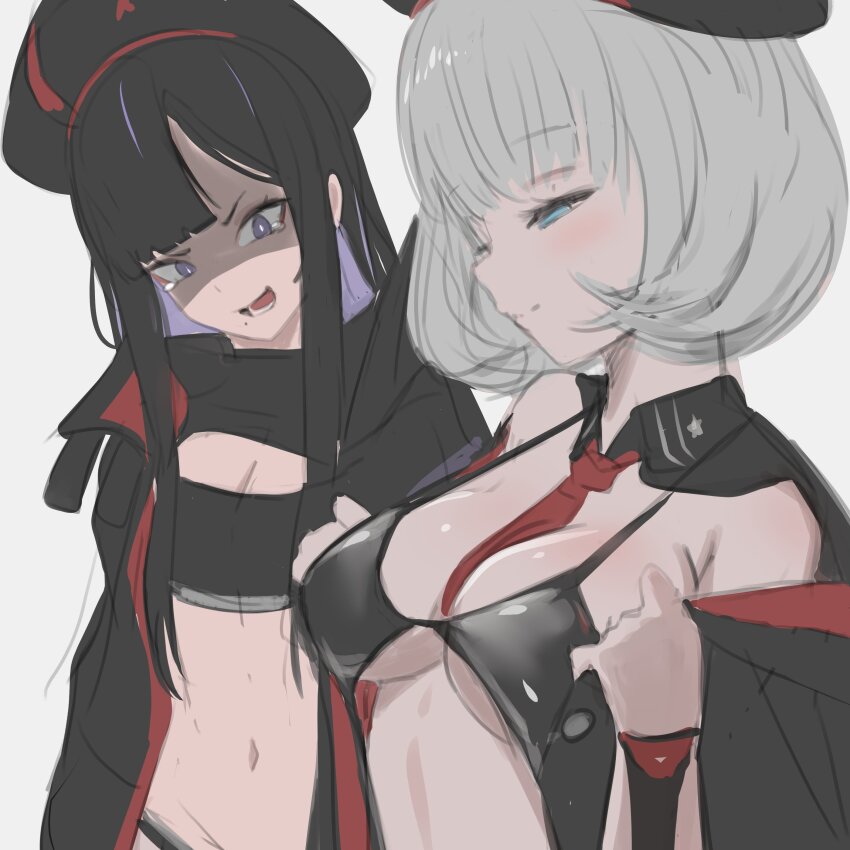 2girls, absurdres, beret, black_hair, black_hat, black_one-piece_swimsuit, black_sports_bra, breast_envy, breasts, cleavage, cleavage_cutout, closed_mouth, clothing_cutout, colored_inner_hair, eunhwa_(nikke), eunhwa_(tactical_upgrade)_(nikke), goddess_of_victory:_nikke, grey_hair, hat, highres, large_breasts, long_hair, midriff, mole, mole_under_mouth, multicolored_hair, multiple_girls, navel, necktie, official_alternate_costume, one-piece_swimsuit, open_clothes, open_mouth, purple_eyes, purple_hair, red_necktie, shirt, simple_background, small_breasts, smile, smug, sports_bikini, sports_bra, sports_panties, stomach, swimsuit, upper_body, uzzy2801, vesti_(nikke), vesti_(tactical_upgrade)_(nikke), white_shirt